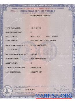 Downloadable USA Virginia certificate of live birth sample